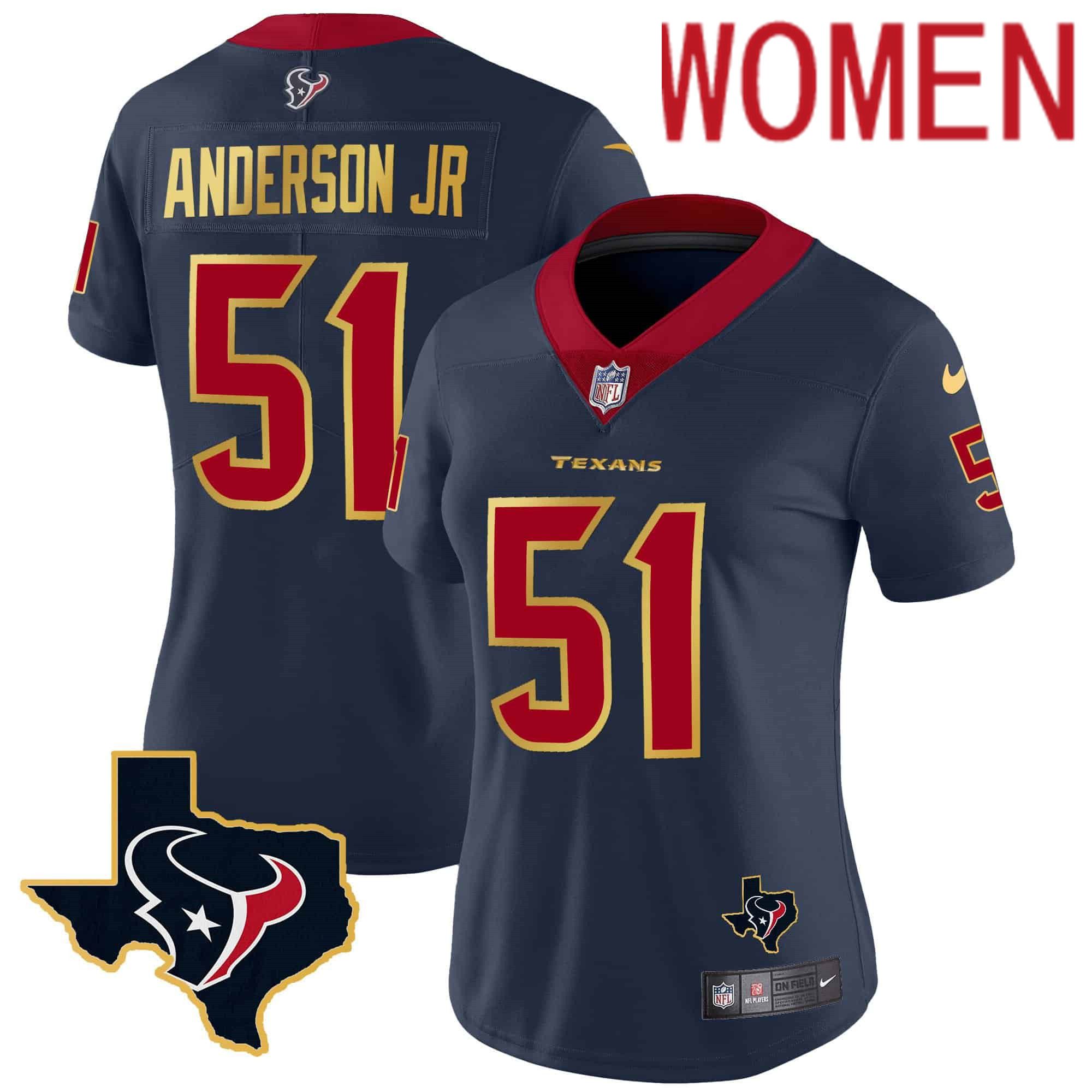 Women Houston Texans 51 Anderson jr Dark blue Gold 2024 Nike Trim Vapor NFL Jersey style 1